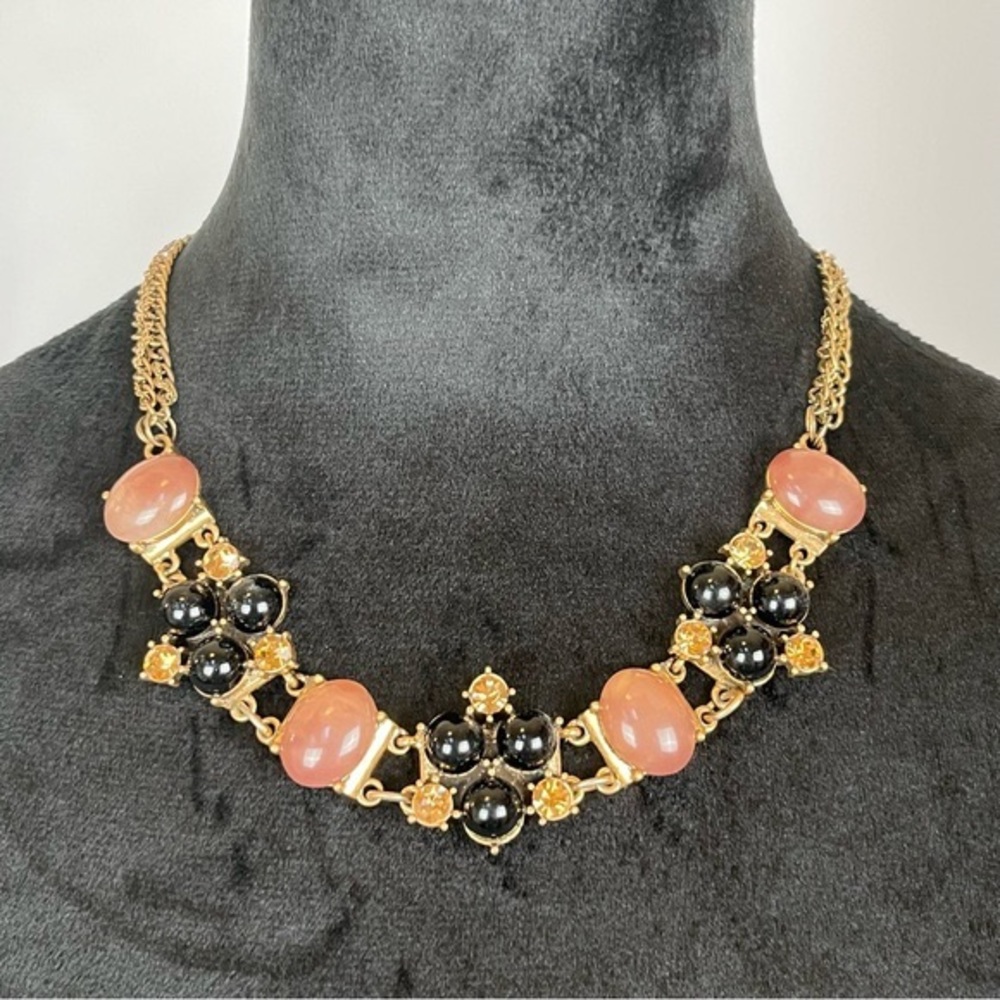 Talbots Choker Necklace Statement Black Brown Cabochon Beads Amber Rhinestone